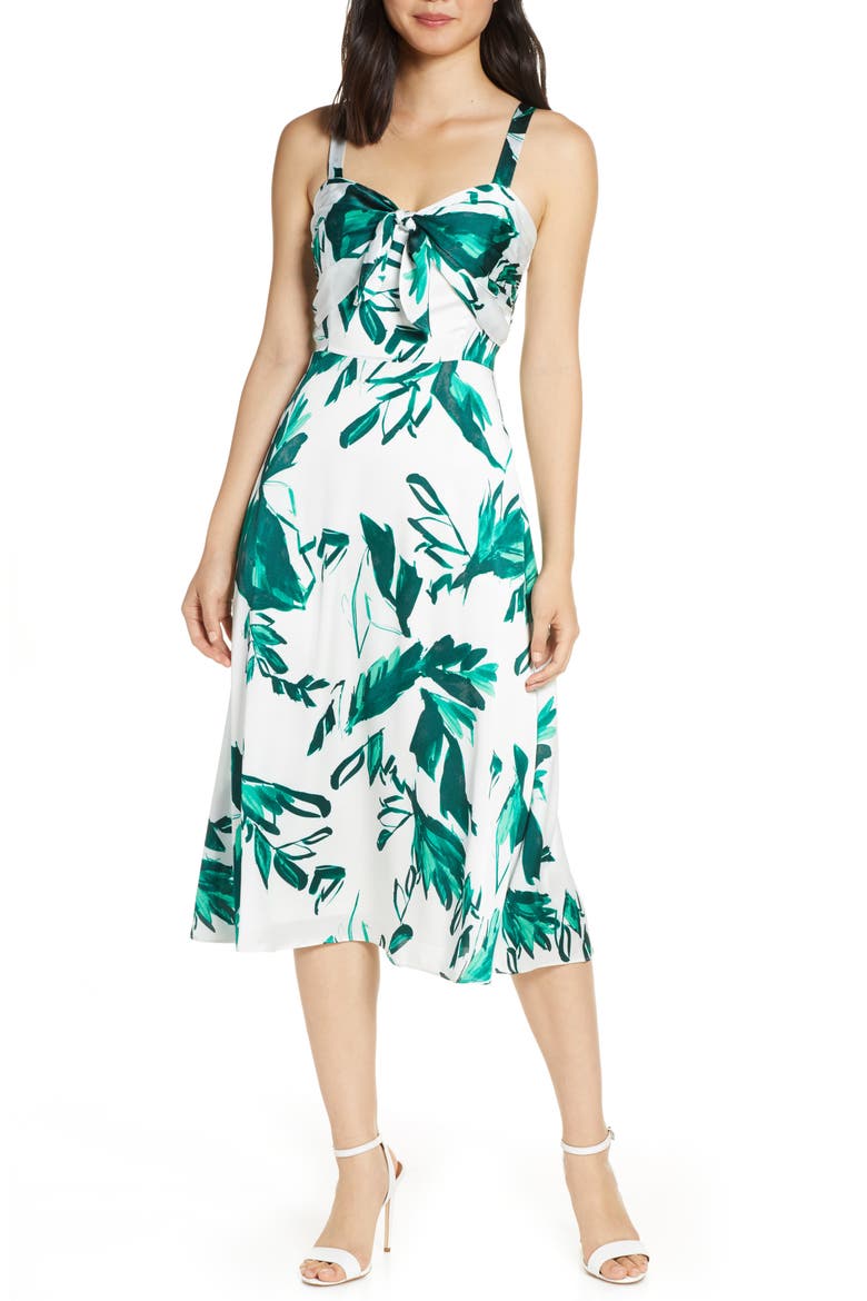 Print Bow Front Hammered Satin Midi Dress, Main, color, IVORY/ GREEN