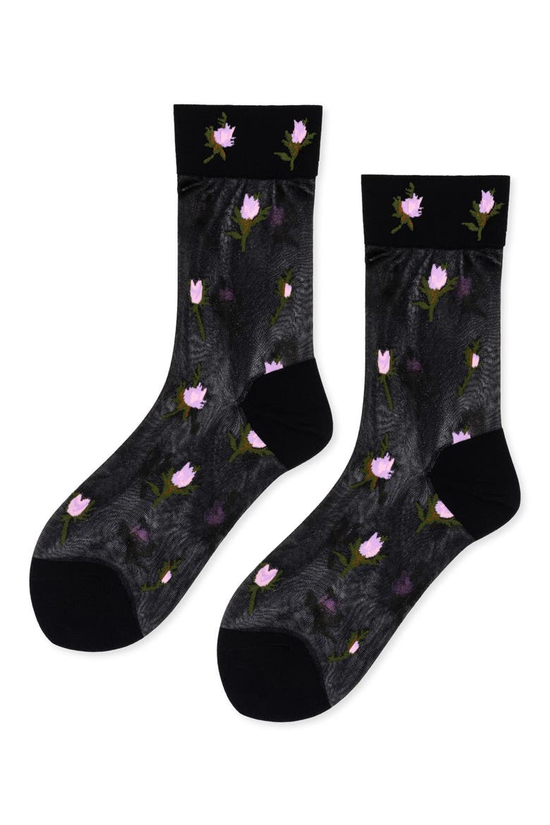 Rosebud Sheer Crew Socks, Main, color, BLACK