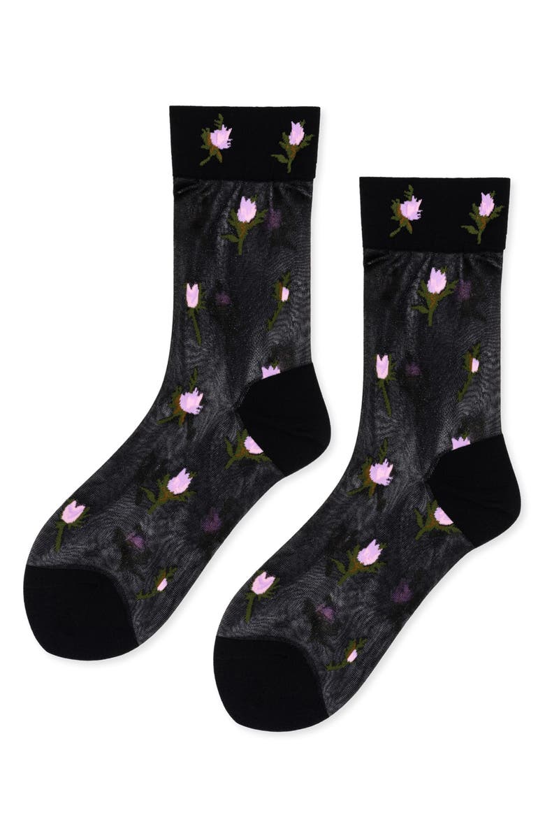 Hansel From Basel Rosebud Sheer Crew Socks, Main, color, Black