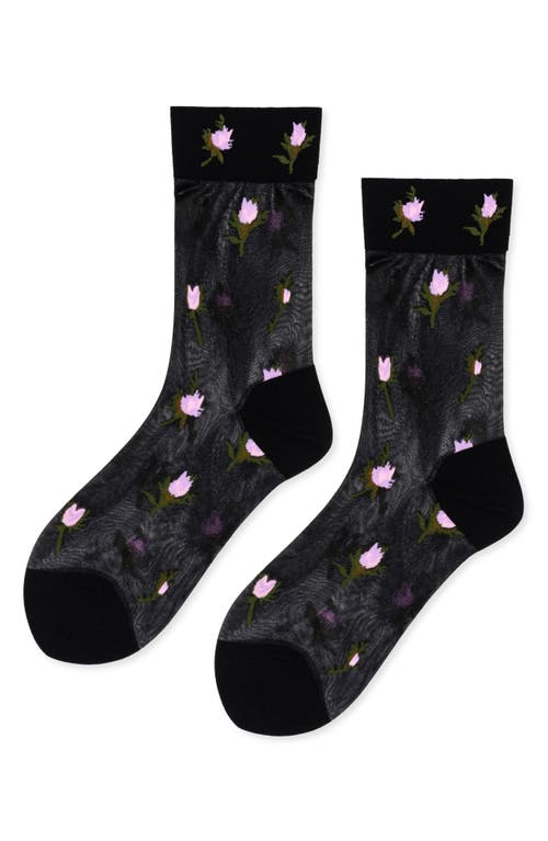 Hansel From Basel Rosebud Sheer Crew Socks In Black