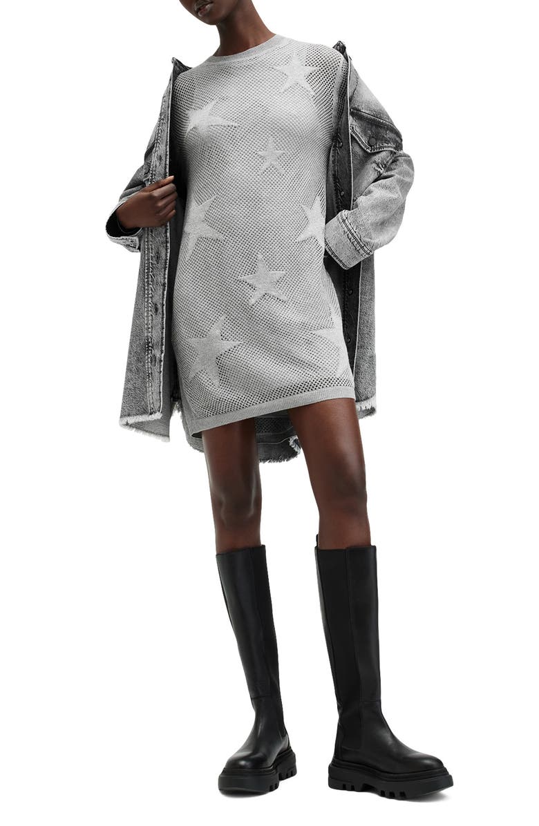 AllSaints Seraph Star Long Sleeve Mesh Minidress, Alternate, color, Silver Birch Grey