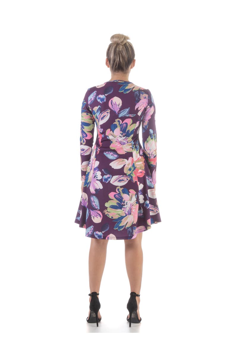 24seven Comfort Apparel Floral Long Sleeve Knee Length Dress, Alternate, color, Purple Multi