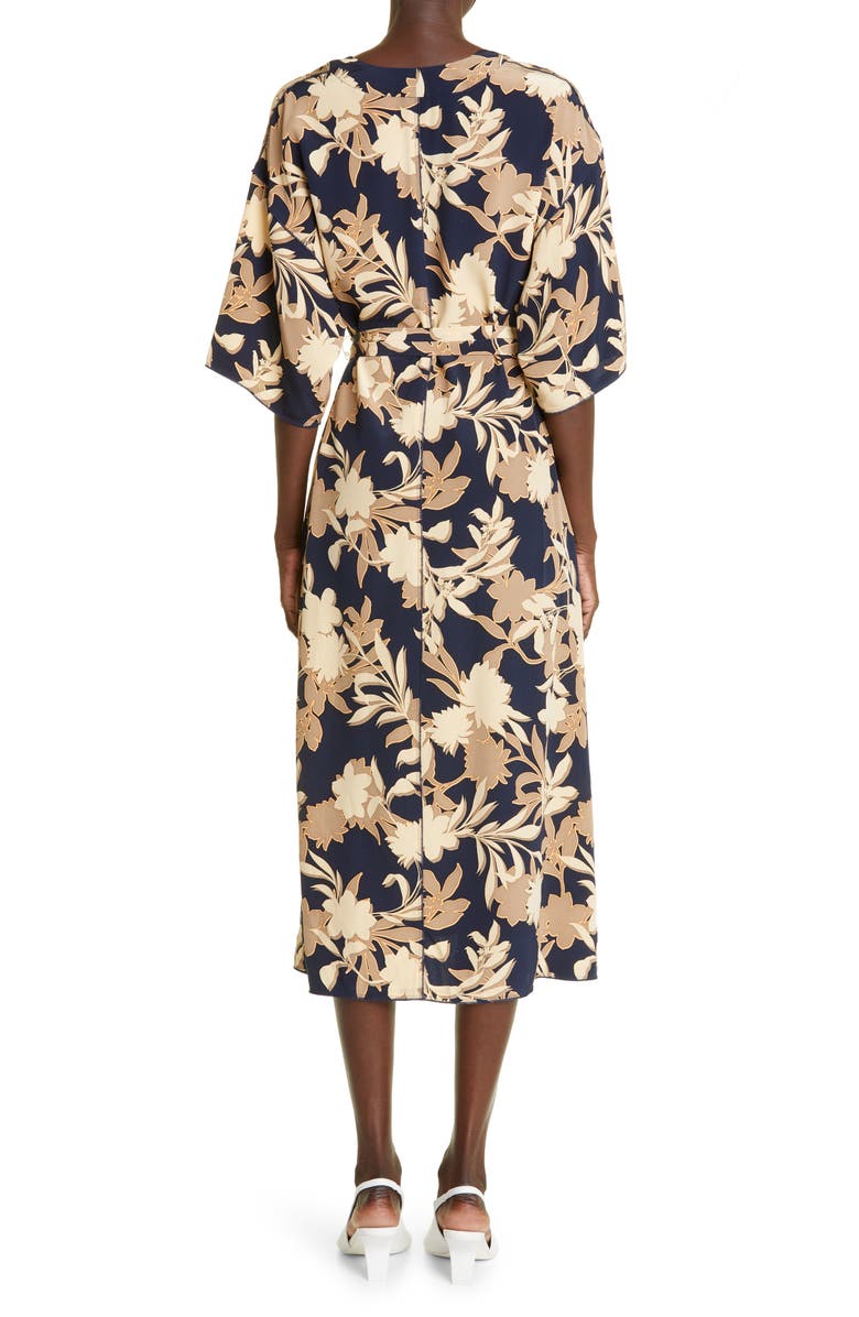 St. John Collection Floral Print Belted Silk Blend Midi Dress, Alternate, color, 