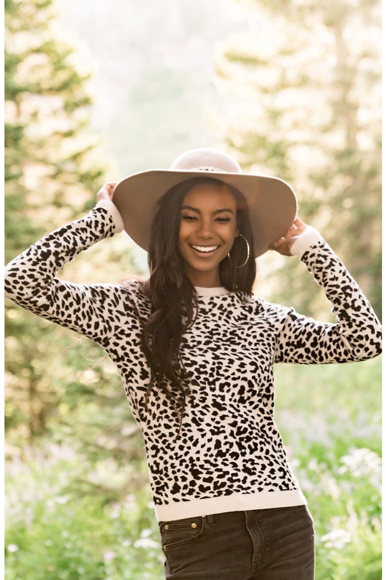 Leopard Pattern Crewneck Sweater, Alternate, color, OATMEAL HEATHER-BLACK LEOPARD