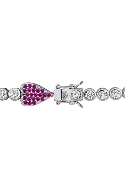 Delmar Sterling Silver Lab Grown White Sapphire & Ruby Heart Bracelet In Red