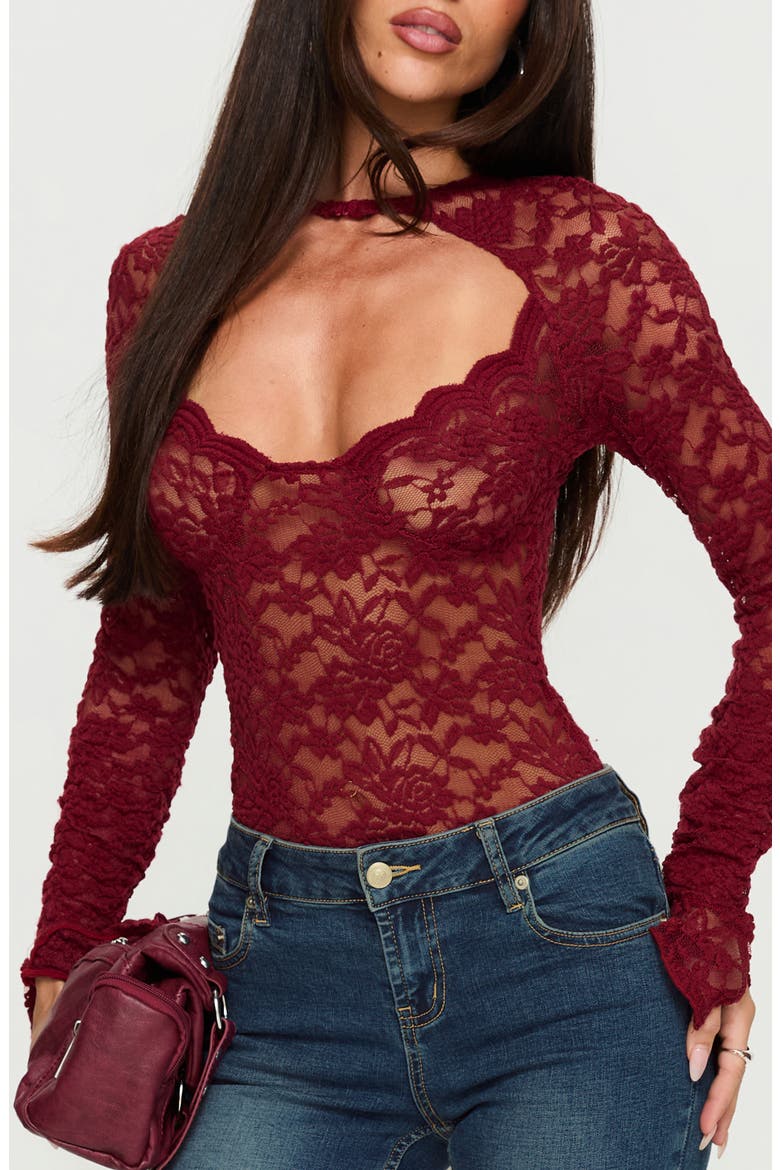 Giallo Long Sleeve Lace Bodysuit, Main, color, BURGUNDY