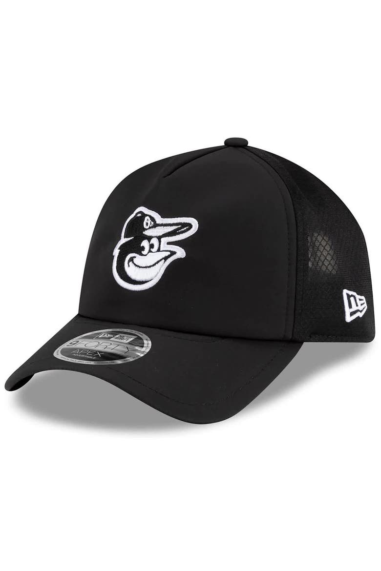 Men's New Era Black Baltimore Orioles 2026 Batting Practice Apex 9FORTY Adjustable Trucker Hat, Main, color, Black