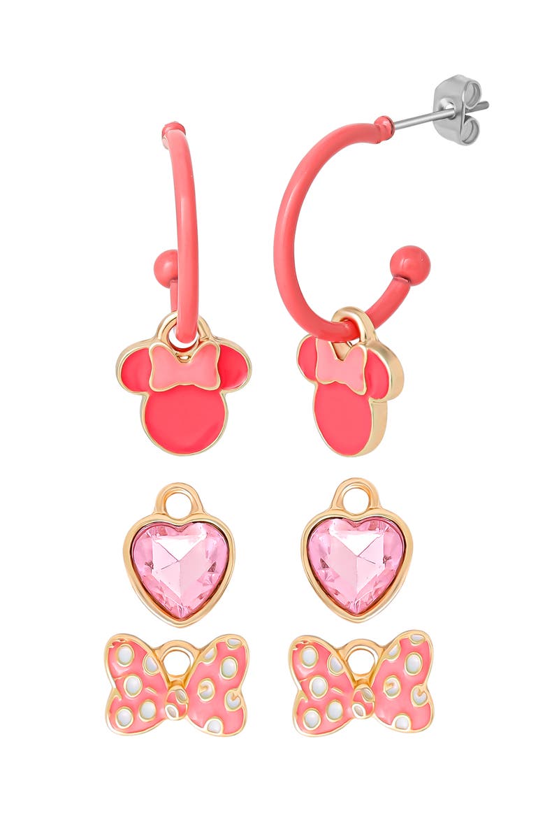 Minnie Mouse Pink Bow Charm Hoop Earring Set, 3 Charms and 1 Hoop, Main, color, Pink