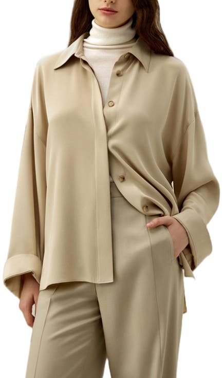 Relaxed Fit Drape Oversized Silk Shirt