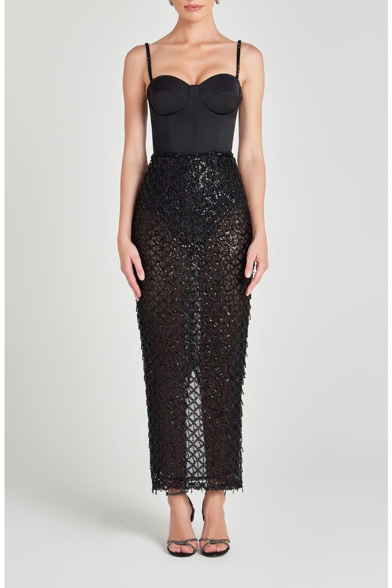 Valentina Mixed Media Beaded Bustier Gown, Main, color, BLACK