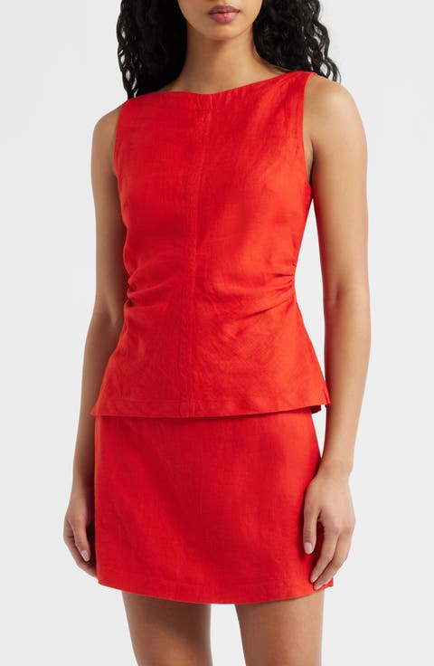 Cinched Boatneck Sleeveless Linen Top