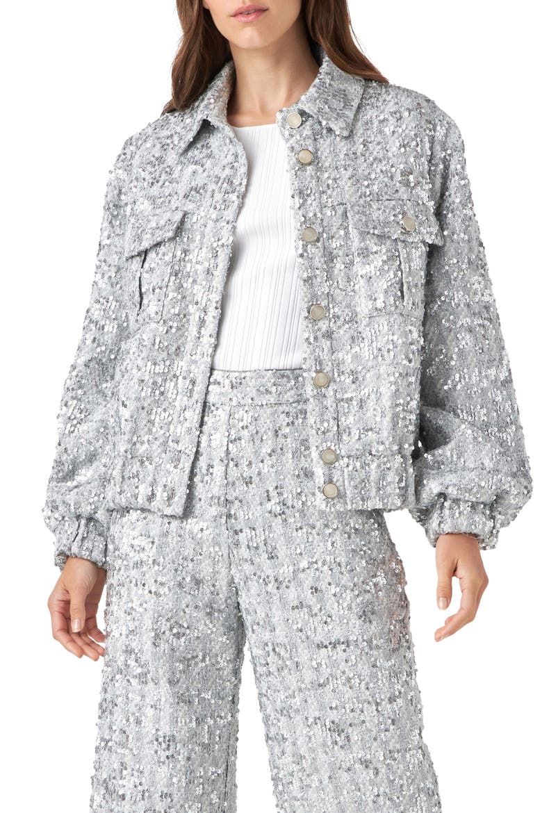 Sequin Tweed Jacket, Main, color, SILVER