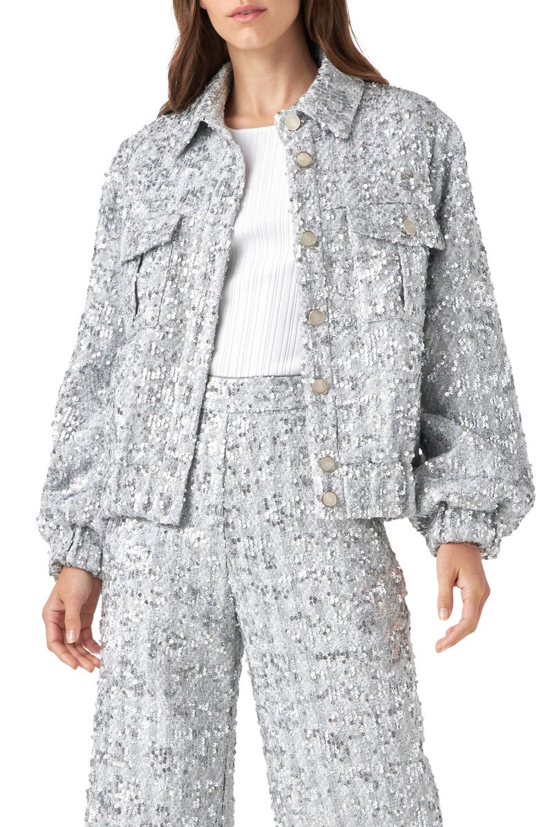 English Factory Sequin Tweed Jacket, Main, color, Silver