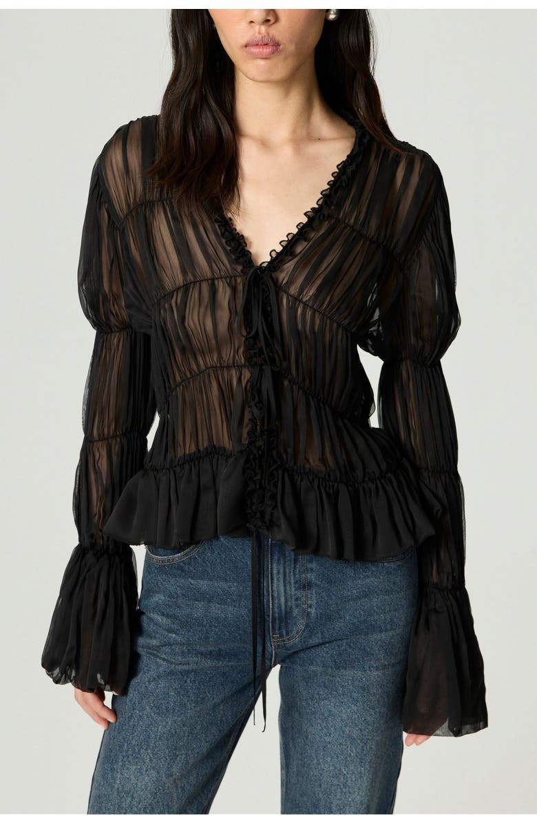 Nocturne Ruched Sheer Blouse, Main, color, Black