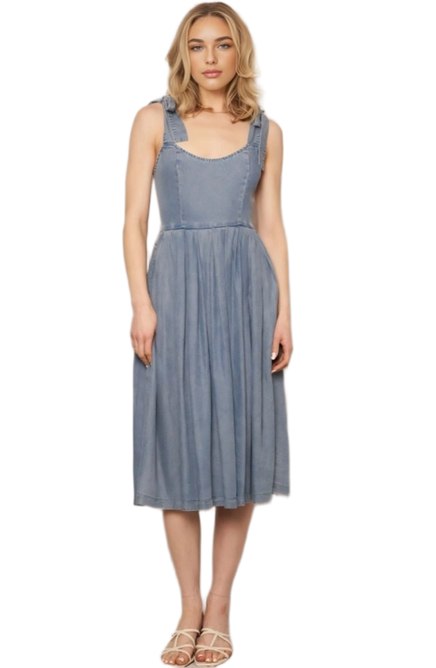 Tie Straps Scoop Neck Fitted Bodice Gathered Skirt Midi Dress