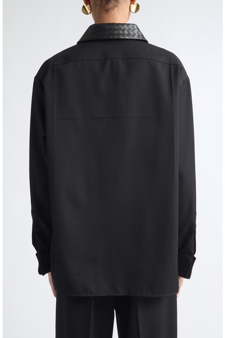 Intrecciato Twill Button-Up Shirt with Leather Collar, Alternate, color, 1010 DOUBLE BLACK
