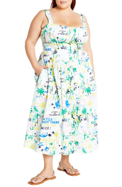 Almay Square Neck Button Front Stretch Cotton Sundress (Plus)