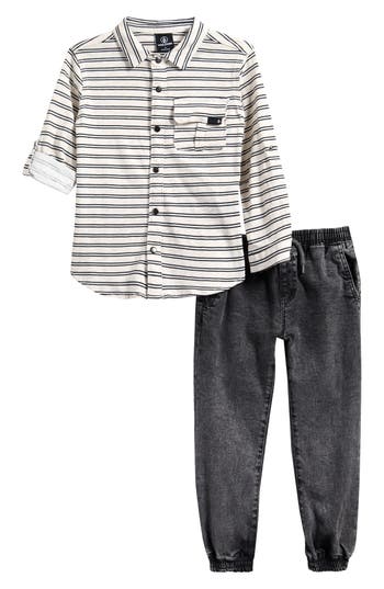Volcom Kids' Button-up Shirt & Denim Joggers Set In White