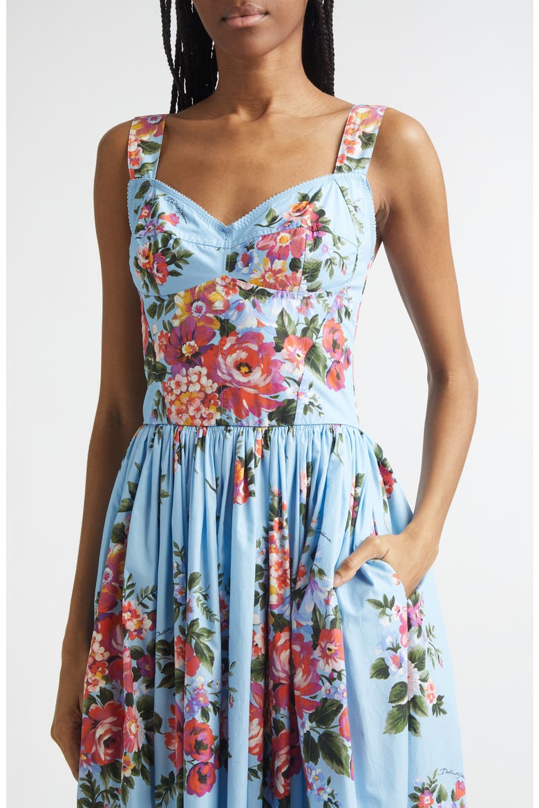 Floral Bouquet Print Pleated Poplin Fit & Flare Dress, Alternate, color, FIORI CELESTE