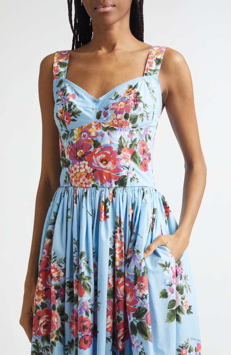Dolce&Gabbana Floral Bouquet Print Pleated Poplin Fit & Flare Dress, Alternate, color, Fiori Celeste
