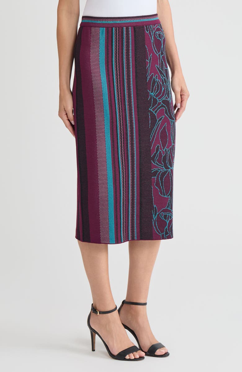 Ming Wang Multi-Pattern Jacquard Soft Knit Straight Midi Skirt, Alternate, color, Midnight Violet/Nebula