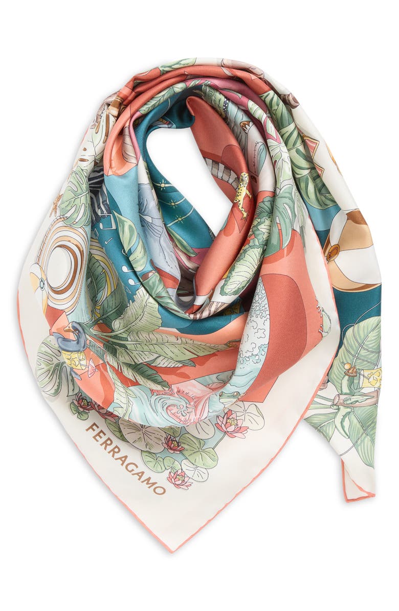 FERRAGAMO Jungle Party Silk Foulard Square Scarf, Alternate, color, Rust/ Petrolio