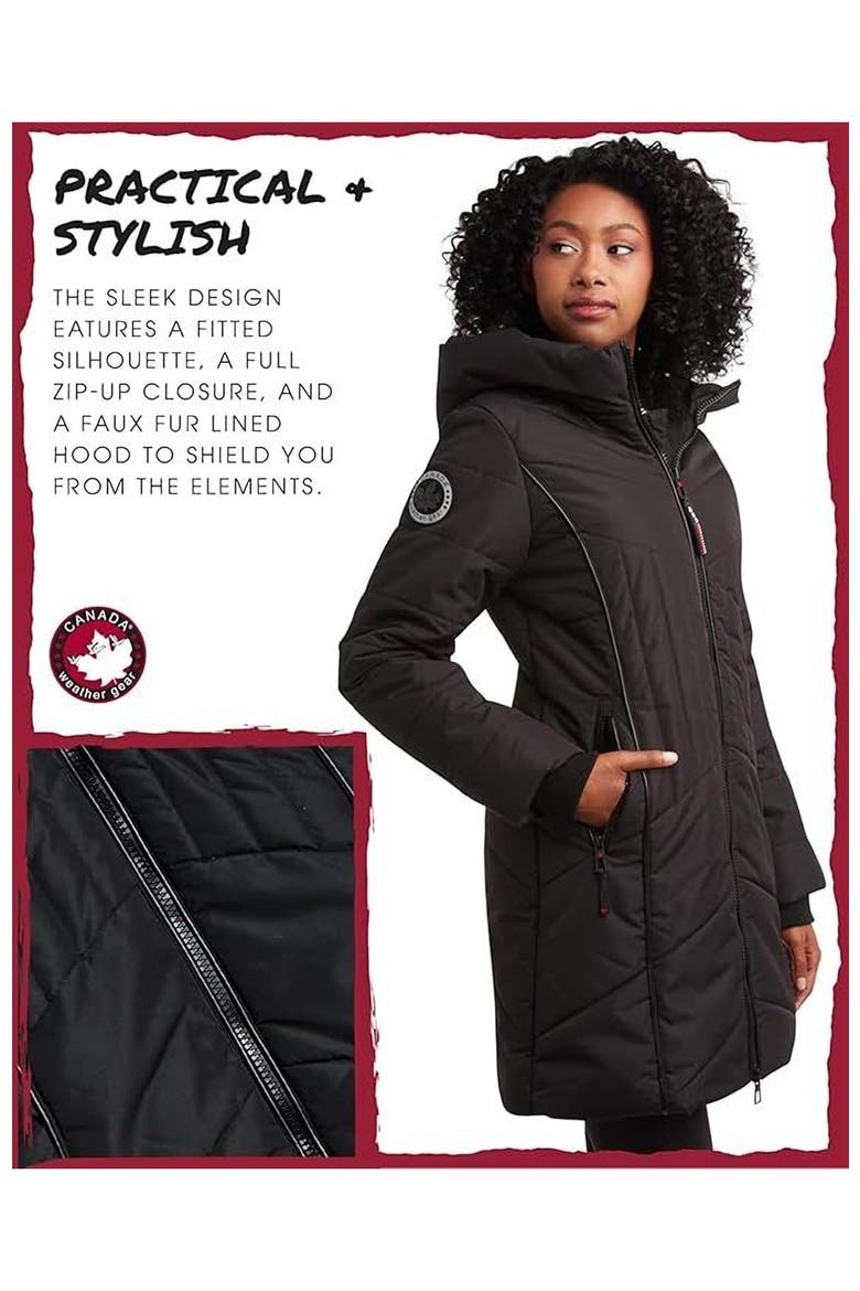Women's Long Puffer Jacket with  Faux Fur Trim, Alternate, color, Black