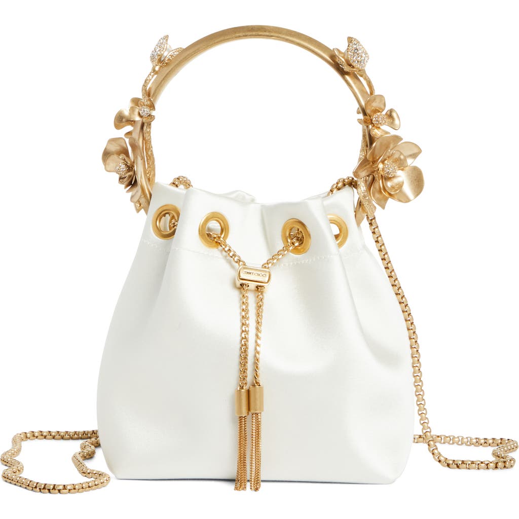 Jimmy Choo Bon Bon Floral Crystal Embellished Drawstring Top Handle Pouch In Ivory/gold