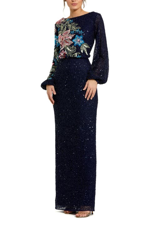 Embellished Multi Color Floral High Neck Gown