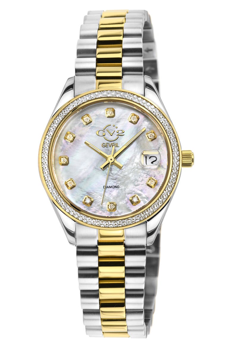 GEVRIL Women's Turin Swiss Diamond Bracelet Watch, 32 mm - 0.15 ctw, Main, color, TWO TONED SS IPYG