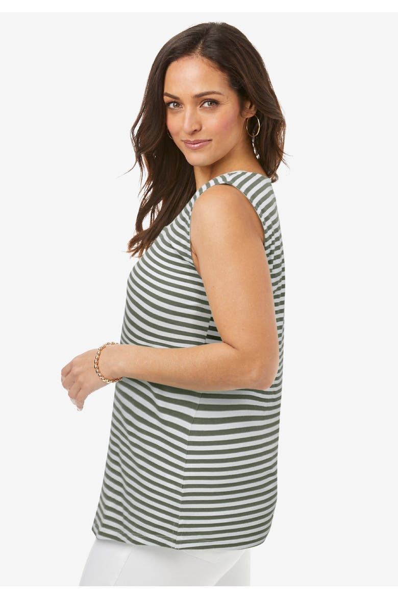Stretch Cotton Square Neck Tank, Alternate, color, OLIVE GREEN FEEDER STRIPED