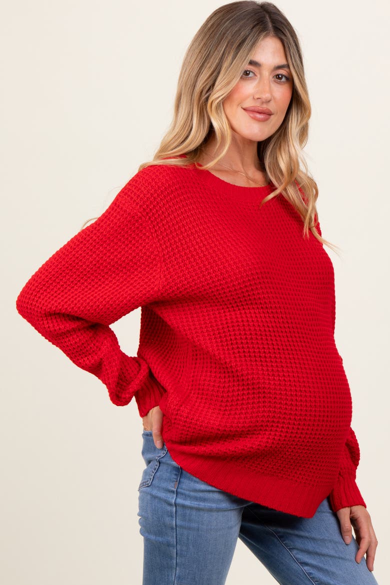 Waffle Knit Rounded Hem Sweater, Alternate, color, Red