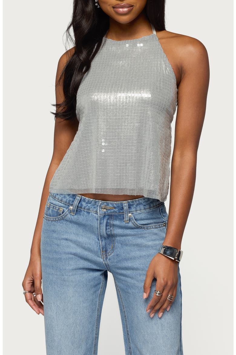 Itara Sequin Open Back Halter Top, Main, color, SILVER