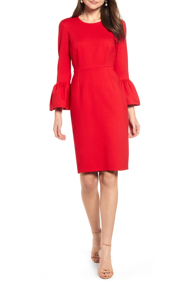 Bell Sleeve Sheath Dress, Main, color, RED BARBADOS