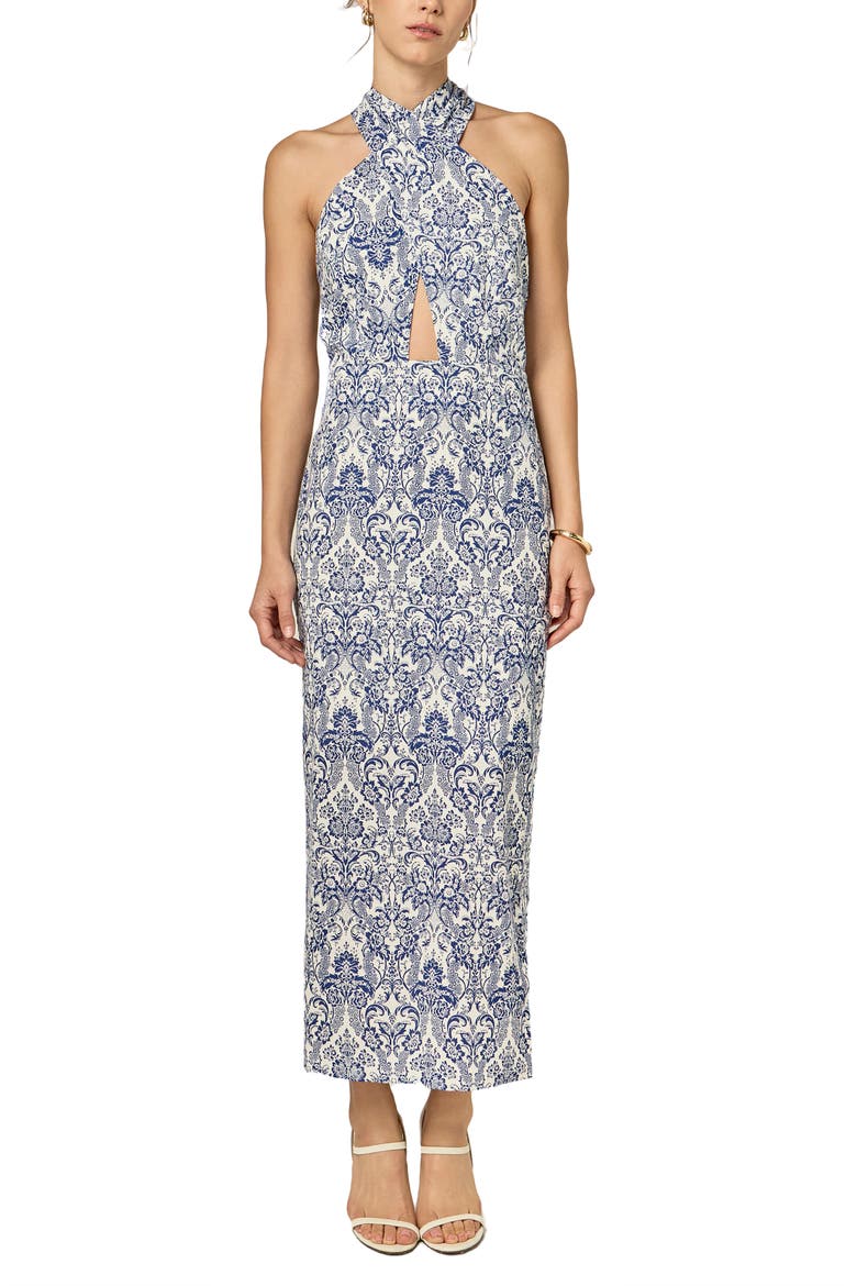 Print Cutout Halter Maxi Dress, Alternate, color, BLUE