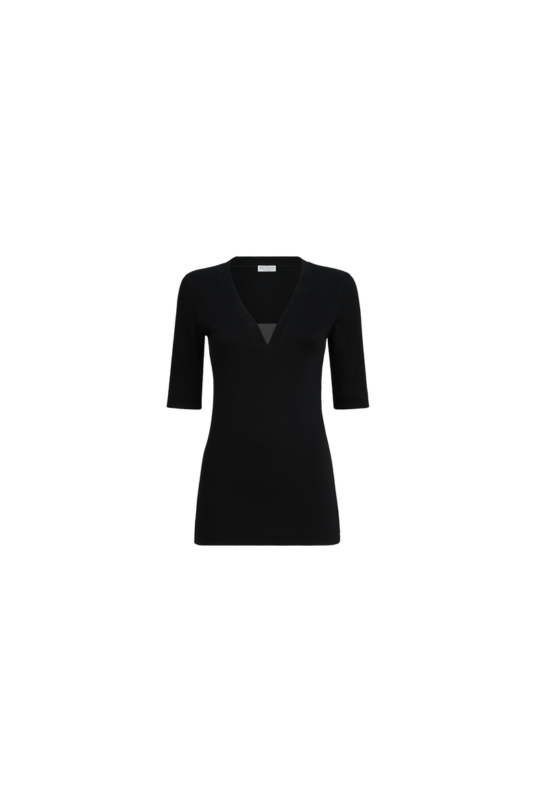 Stretch cotton ribbed jersey top with precious insert, Alternate, color, Black