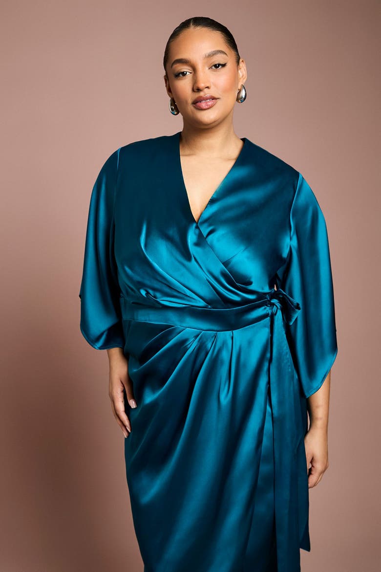 Plus Satin Wrap Midi Dress, Alternate, color, Teal