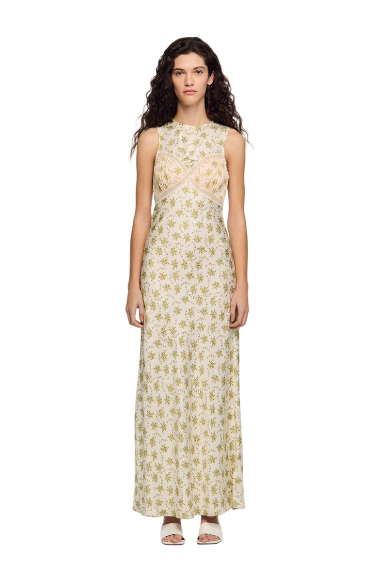 SANDRO Flower print maxi dress, Main, color, Olive / Ecru