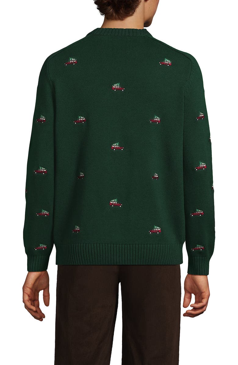 Lands' End Classic Cotton Drifter Signal Flags Crew Neck Sweater, Alternate, color, Christmas Cars/Pine Valley