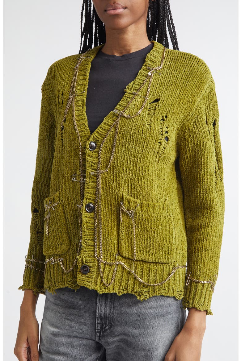 Safety Pin Chain Detail Ripped Cotton Cardigan, Alternate, color, LIGHT GREEN