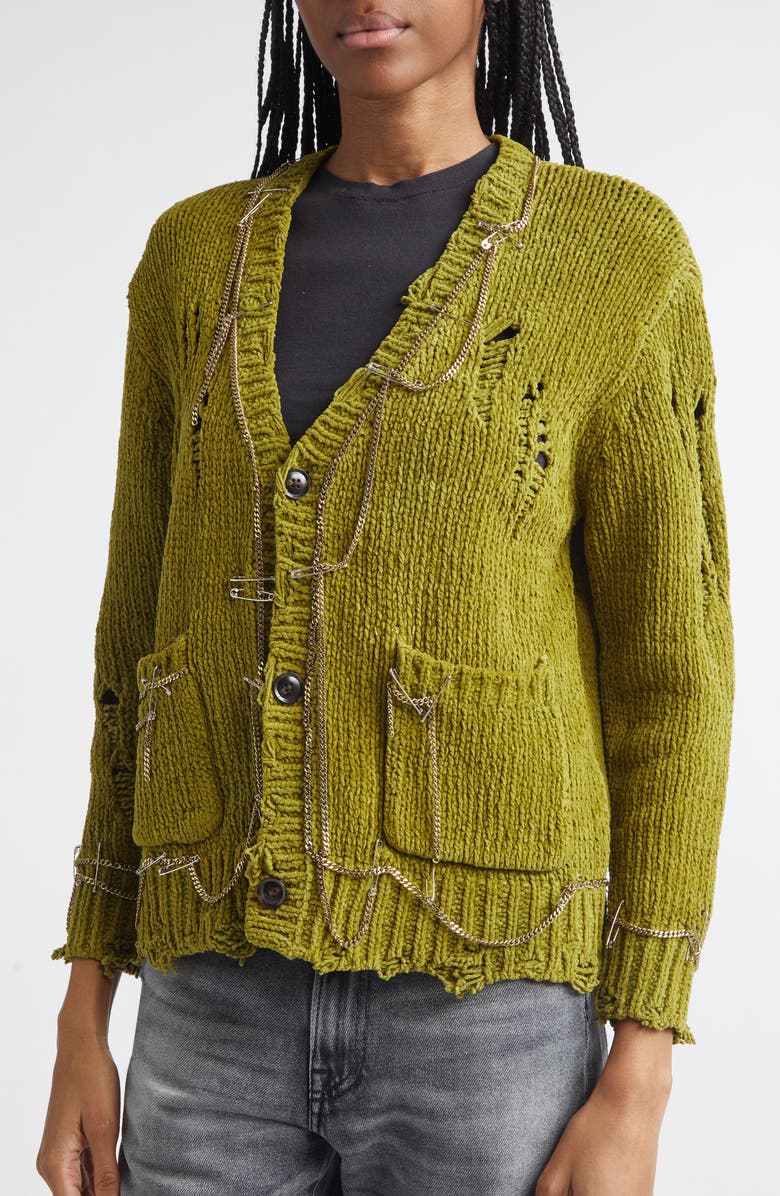 R13 Safety Pin Chain Detail Ripped Cotton Cardigan, Alternate, color, Light Green