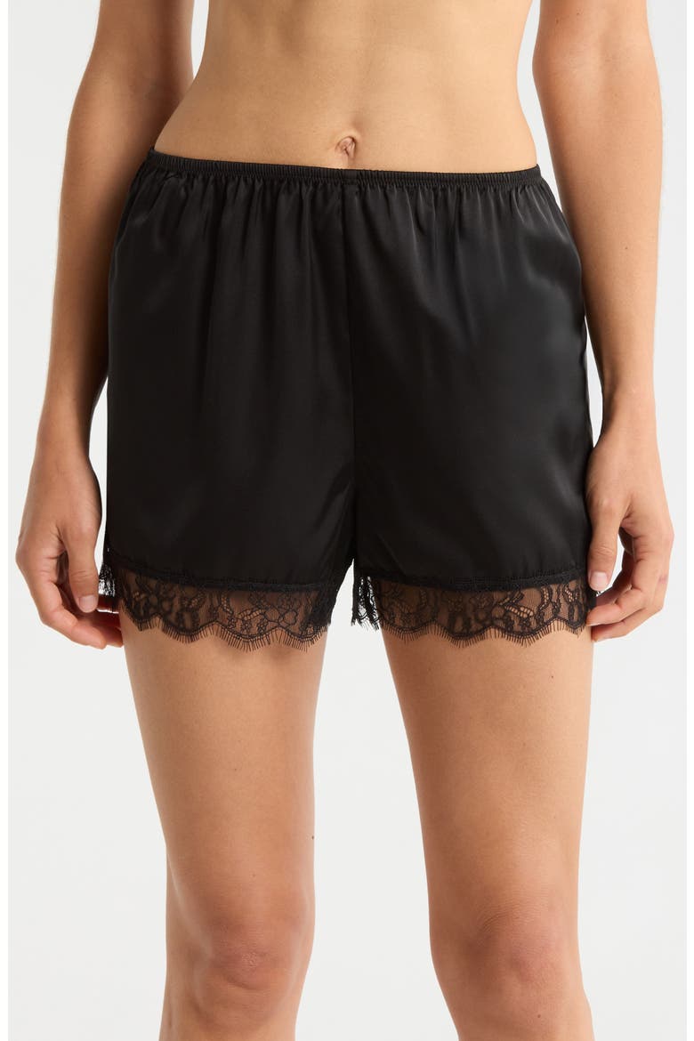 Scalloped Lace Trim Satin Tap Shorts, Main, color, BLACK