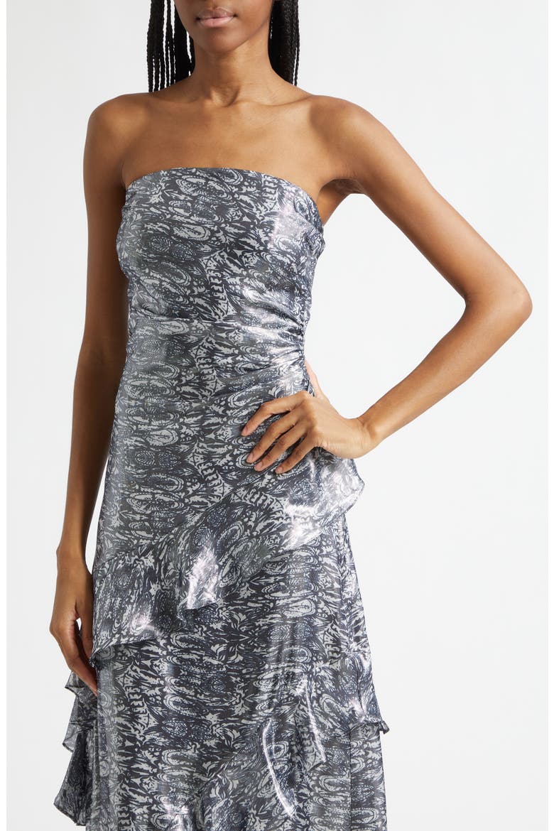 Dominika Metallic Abstract Print Strapless Silk Blend Gwon, Alternate, color, NAVY LUREX