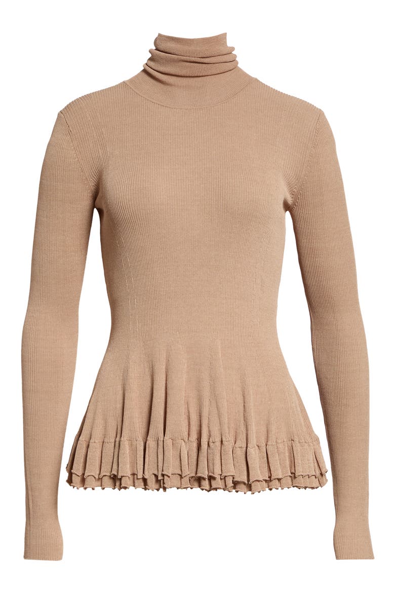 Meritt Ruffle Hem Rib Turtleneck Sweater, Alternate, color, TAN