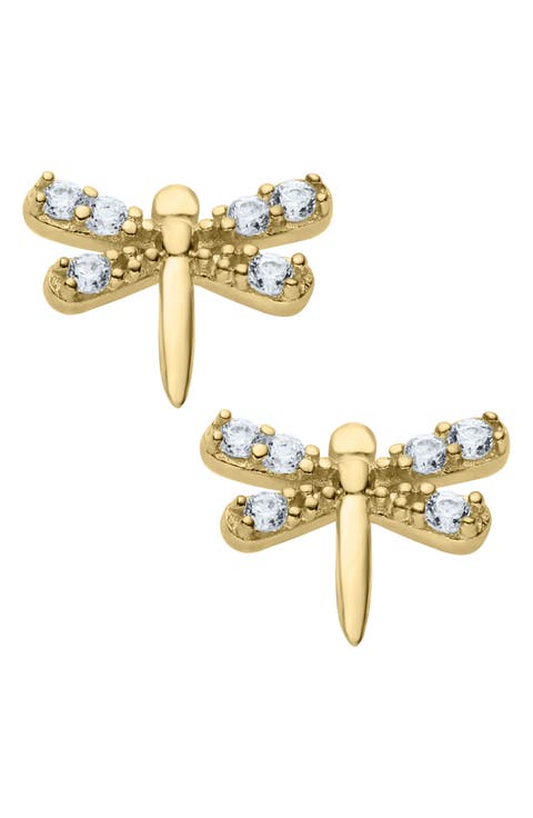 14K Gold & Cubic Zirconia Dragonfly Stud Earrings (Baby)