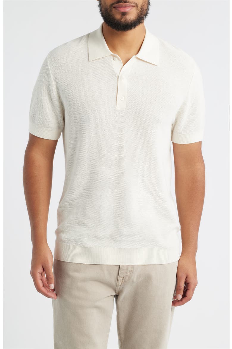 Short Sleeve Textured Cotton & Silk Polo Sweater, Main, color, IVORY PRISTINE