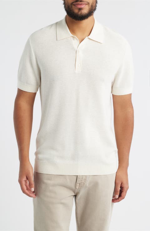 Short Sleeve Textured Cotton & Silk Polo Sweater