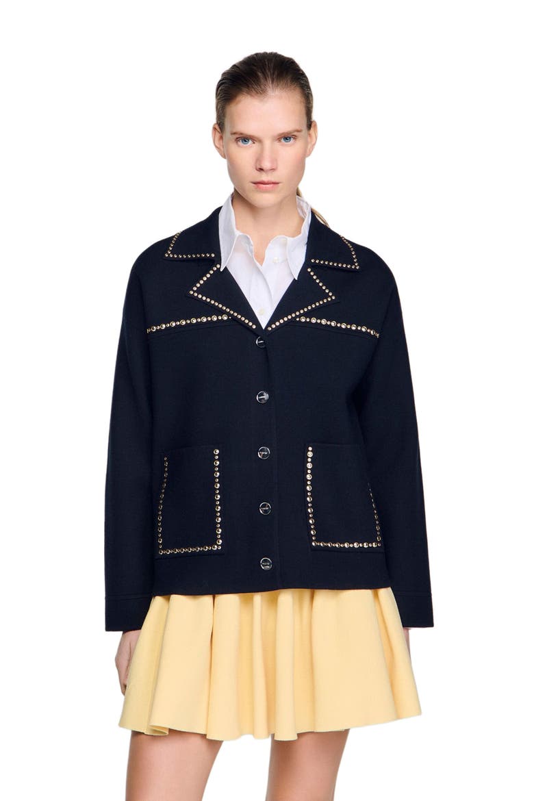 Studded blazer collar cardigan, Main, color, Navy blue