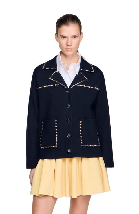 Studded blazer collar cardigan