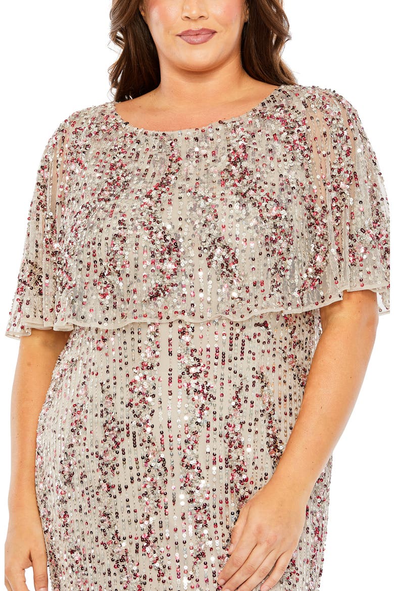High-Neck Sequin Embellished Dress with Semi-Sheer Cape Sleeves, Alternate, color, GREY MULTI